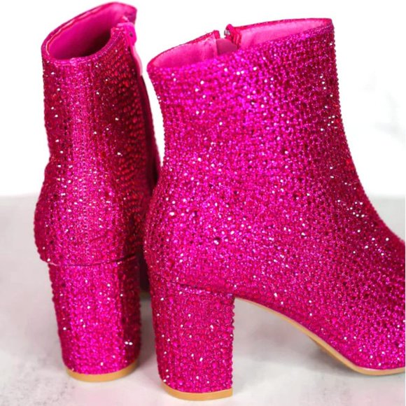 New Fuchsia Pink Blingy Rhinestone  Point Toe Ankle Boots Booties - Picture 4 of 4